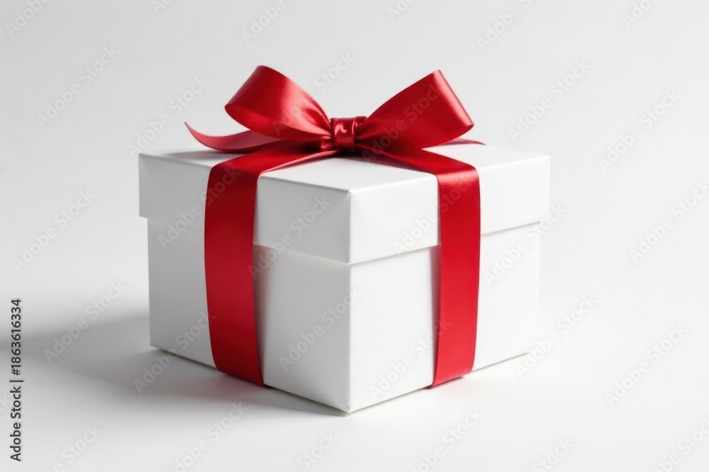 Fototapeta premium A pristine white gift box adorned with a vibrant red ribbon, symbolizing celebration and thoughtful giving.
