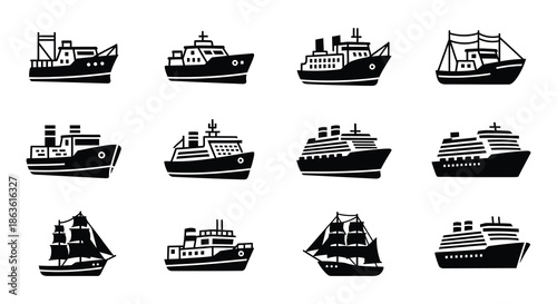 Variety of black silhouette boats and ships sailing on wavy water