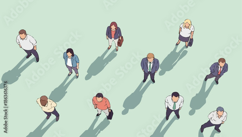 Diverse group of people standing and looking up with long shadows.