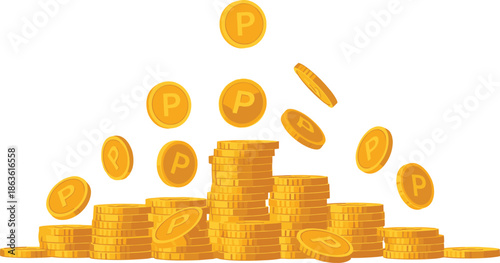 Golden coins with letter P falling from stacks of coins falling coins gold color