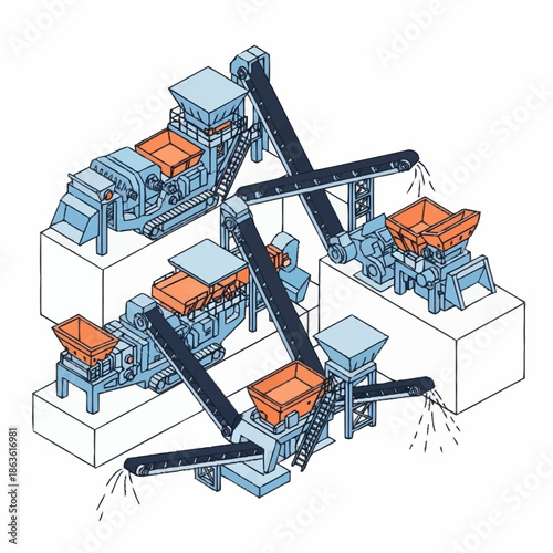 Industrial rock crushing and sorting plant with conveyor belts and machinery.