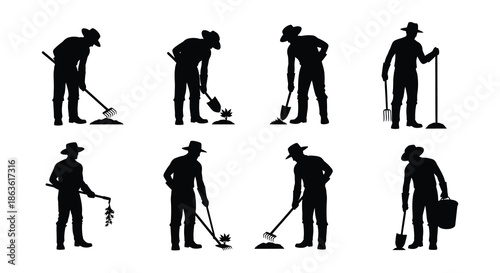 Silhouettes of men with hats performing various gardening and cleaning tasks