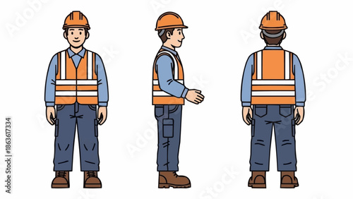 Construction worker in safety vest and hard hat from multiple angles.