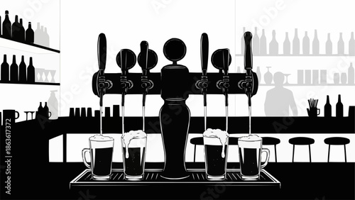 Beer taps with frothy glasses in a bar setting.
