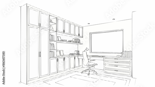 Modern Home Office Interior Design Sketch with Bookshelves and Desk.