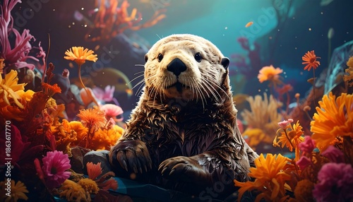 Adorable Sea Otter Surrounded by Vibrant Coral Reef and Colorful Anemones.