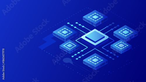 Flat illustration of digital connectivity with microchips and circuit board on blue background