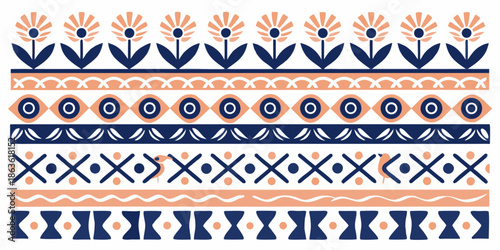 A vibrant ornamental border featuring repetitive geometric and floral motifs