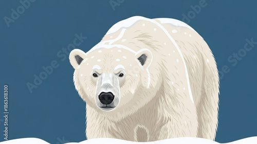 White Polar Bear Standing on Snow against Blue Background