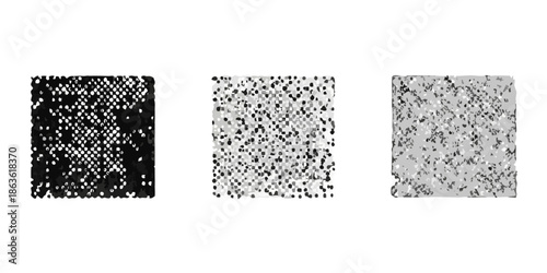 Three grayscale static patterns on a black background varying in density