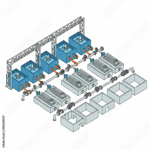 Isometric Diagram of an Industrial Water Treatment Plant with Multiple Stages.