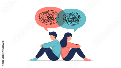 Couple Communication Problem and Emotional Misunderstanding Illustration. Man and woman sitting back to back with overlapping speech bubbles filled with tangled lines