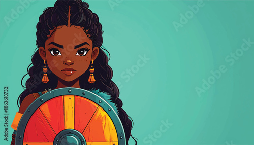Empowered Black Woman Warrior with Shield in Cartoon Style.