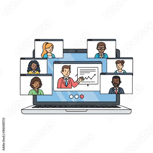 Illustration of a man presenting a graph on a laptop screen surrounded by multiple video call participants in a virtual meeting setup.