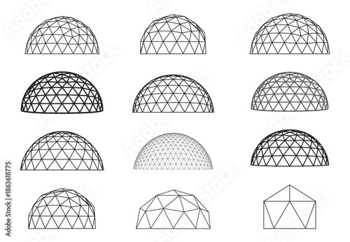 Geodesic Dome Set Vector Illustration, Wireframe and Solid Polygon Dome Structures, Futuristic Geometric Architecture Collection for Science, Technology, and Design