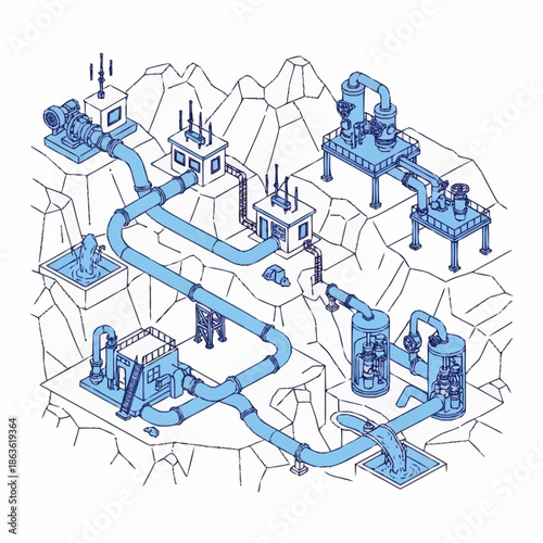 Isometric illustration of a complex industrial pipeline system across mountainous terrain.