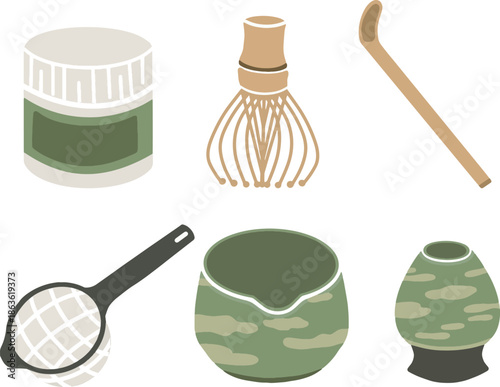 Matcha Tea Tools Clipart Set – Japanese Matcha Ceremony Equipment Vector