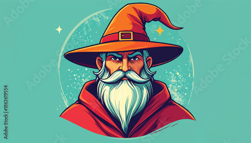 Cartoon Wizard Portrait with Pointed Hat and Long Beard.