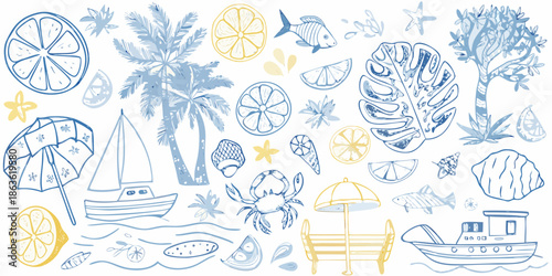 A collection of hand drawn summer elements including citrus foliage and nautical themes