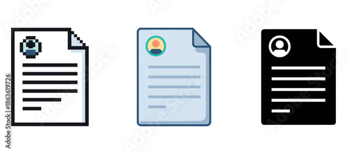 Diverse document icon set with profiles and text in different styles