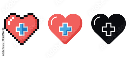 Pixelated and modern heart icons with medical cross symbol on white background