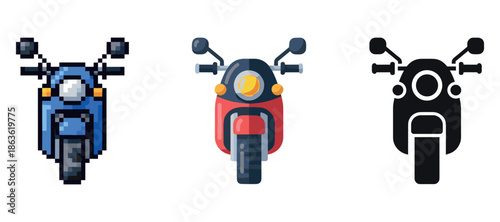 Pixel art and minimalist motorcycle designs: blue, red, and black variations