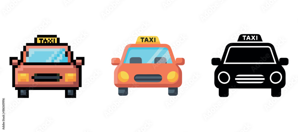 Fototapeta premium Set of three taxi icons: pixel art, flat design, and minimalist style