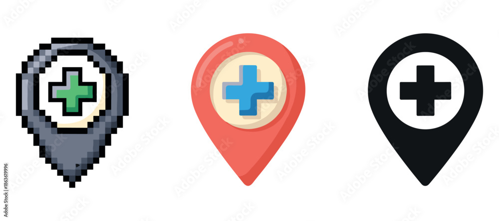 Obraz premium Three medical map pin icons: pixelated, colored, silhouette designs