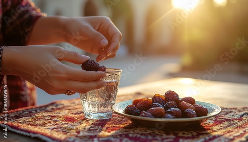 Close-up of a person's hands placing a date into a glass of water on a colorful tablecloth with a plate of dates in a warm outdoor setting.