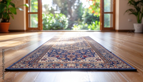 Oriental rug on a wooden floor in a room with a sunny garden view through French doors, with potted plants.