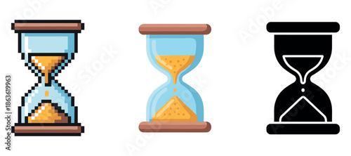 Pixelated, flat, and iconic hourglass designs illustrating time concepts
