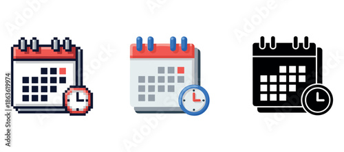 Pixel, colored, and black calendar icon set with clocks