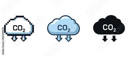 Digital icons representing co2 emissions with cloud shapes and arrows