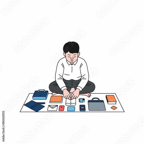 A man sits cross-legged on the floor, engaging in relaxing comfort rituals by organizing colorful personal items and luggage in a calming activity.