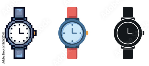 Variety of watch designs: pixelated, minimalist, colorful styles illustrated
