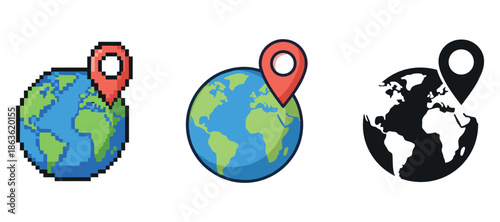 Colorful globe icons with location pins in pixel, cartoon, and silhouette styles