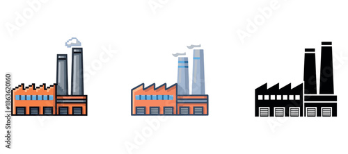 Factory icon set: colorful and black and white industrial illustrations