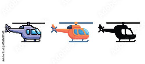 Variety of helicopter icons: pixelated, cartoon, silhouette designs