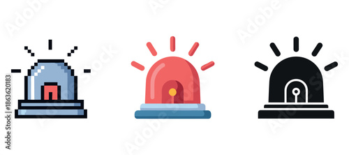 Colorful emergency sirens: pixel, red, black icons depicting alert signals