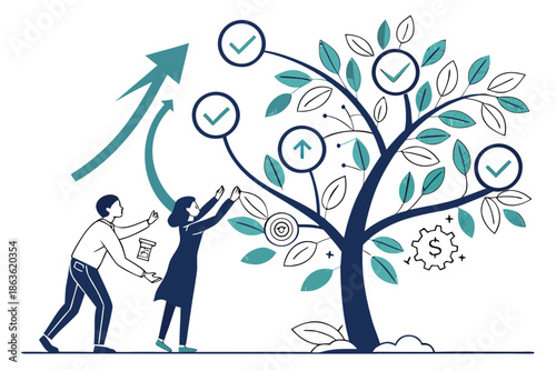 A man and woman nurturing a growing tree with checkmarks and dollar signs