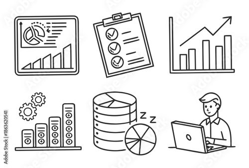 A businessman analyzes data on his laptop with various charts and graphs