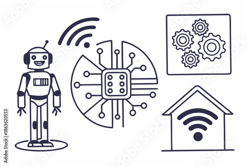 A robot with WiFi signal and various technology icons around it