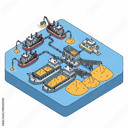 Isometric illustration of a sand and gravel dredging and processing operation.