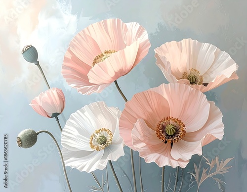 Close-up of pastel-colored poppies against a blurred blue background