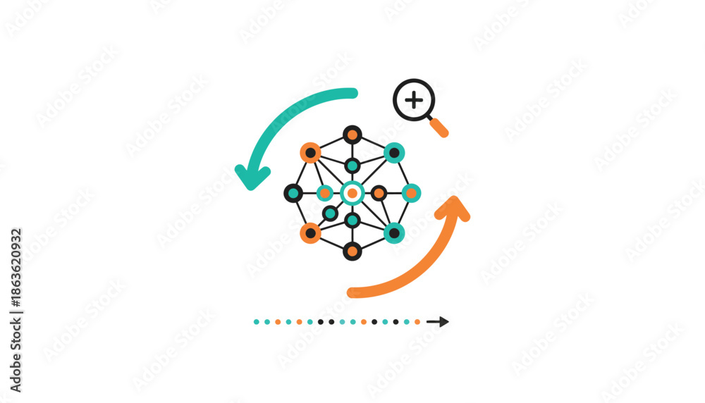 Fototapeta premium Molecular Structure with Arrows in Modern Minimalist Style with Bright Vibrant Colors on White Background for Scientific Illustration