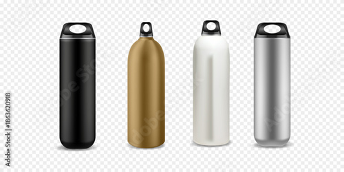 Plastic bottle glossy metal water bottle. Mockup set of plastic blank sport bottles realistic style. Front view. Vector 3d illustration.