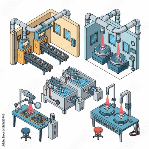 Isometric illustration of various industrial and scientific laboratory setups.