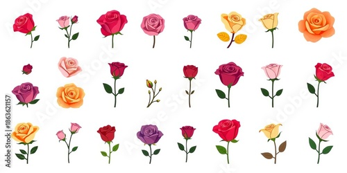Elegant rose icon set, various styles & colors, perfect for websites & branding, symbol, decorative
