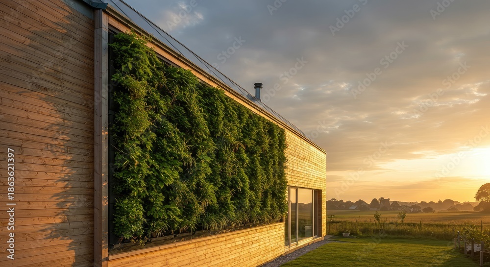 Obraz premium Modern wooden house with a living wall at sunset. A sustainable design