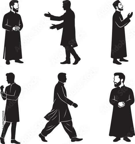 Set of Muslim men silhouettes in traditional Panjabi and Thobe, various poses including praying, greeting, and walking, isolated on white background vector.